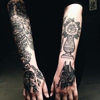 Amazing various symbols and portraits tattoo on sleeve