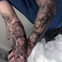 Amazing very detailed black and white family with king lion tattoo on arms