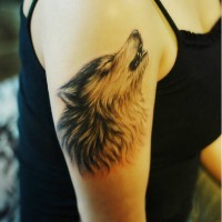 Amazing wolf face tattoo on shoulder