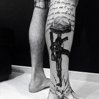 American army memorial style black ink leg tattoo stylized with lettering
