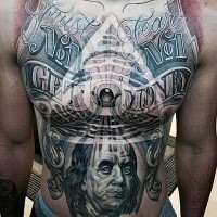 American money themed large colored whole chest and belly tattoo with portrait