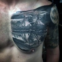 American native black and white Indian homes realistic tattoo on chest