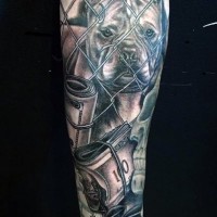 American native colored forearm tattoo with dog and money rolls