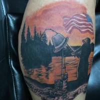 Americano nativo colorato pescatore memoriale con lettere tatuaggio su gamba