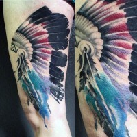 American native multicolored Indian helmet tattoo on thigh