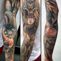 Tatuaje en el brazo,
mujer india con lobo, águila y cráneo con flecha