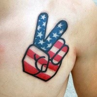 American native style colored scapular tattoo of hand symbol stylized with flag