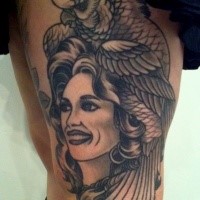 American traditional black and white thigh tattoo of woman with parrot