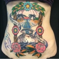 American traditional colored belly tattoo of sand clock stylized with eye, flowers and lettering