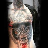 American traditional large colored chest and belly tattoo of big wolf with Masonic pyramid