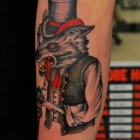 American traditional style colored arm tattoo of mystical wolf