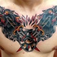 Amerikanischer traditioneller Stil farbiges Brust Tattoo mit gekreuzten Dolchen und Wölfen