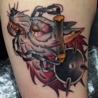 American traditional style colored shoulder tattoo of wolf head with chained medieval weapon
