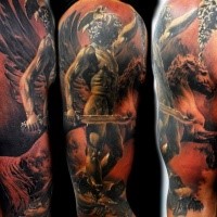 Ancient beautiful looking sleeve tattoo of ancient statue with Medusa head and horse