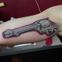 Ancient design steel gun gray and red work tattoo on biceps in 3D style