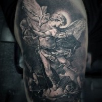 Ancient painting like black and white shoulder tattoo of angel warrior
