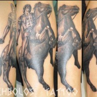 Ancient warrior with sword on horse forearm length tattoo