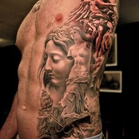 Angels in renaissance style tattoo on ribs