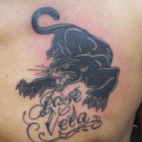 Tattoo eines bösen schwarzen Panthers und Inschrift an der Brust