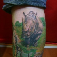 animale rinoceronte inchiostro colorato tatuaggio su gamba