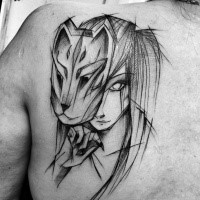 Anime cartoon like black ink scapular tattoo of woman with cool mask by Inez Janiak