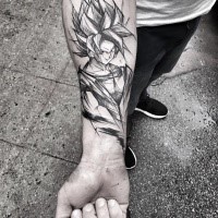 Anime themed black ink forearm tattoo of cool fighter