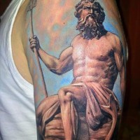 Antic like painted colored Poseidon god tattoo on upper arm