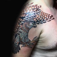 Wie antike Malerei farbiges sehr detailliertes großes Adler Tattoo am Schulterbereich