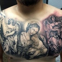 Antic religious themed black ink angelic statues tattoo on chest