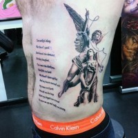 Antic style black and white angel statues tattoo on side combined with lettering