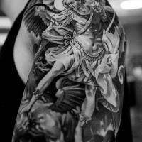 Antic style black and white Angel warrior tattoo on shoulder with demons