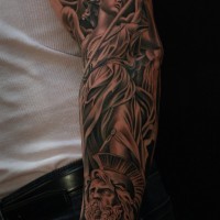 Antic style black ink sleeve tattoo of various detailed statues