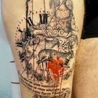 Antic style painted colored abstract tattoo with clock and lettering on thigh