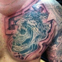 Antic tribes skull tattoo on chest with leopard skin helmet