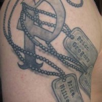 Army dog tags memorial tattoo on shoulder
