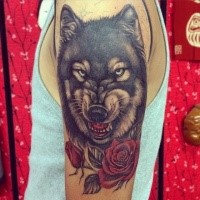 Estilo de arte bonita tatuagem tatuagem braço do lobo mal com rosas
