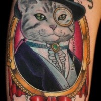 Art style colored biceps tattoo of human like cat portrait