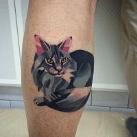 Art style colored leg tattoo of awesome looking cat