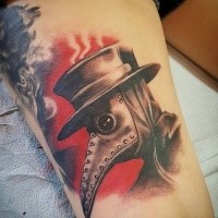 Art style colored tattoo of mystical plague doctor on leg