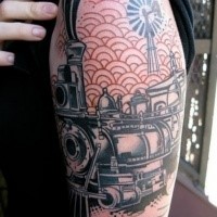 Art style colored upper arm tattoo of steam train and clouds