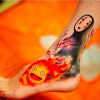 Asian cartoon style colored ankle tattoo of various funny heroes