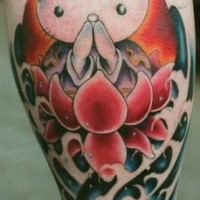 Asian cartoon style colored tattoo of sweet cat with flower