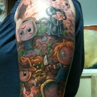 Asian cartoons like colored horror movies heroes tattoo on shoulder