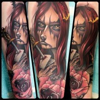 Asian cartoons style colored evil witch tattoo on forearm with bloody dagger and flower