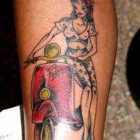 Asian cartoons style painted interesting woman with scooter tattoo on leg