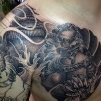 Asiatisches schwarzes und weißes unvollendetes Brust Tattoo mit großem Tempel und Tigerstatue