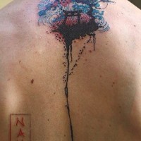 Asian style abstract colored upper back tattoo of little shrine and trees