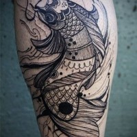 Asian style big black and white fish tattoo on leg