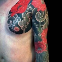 Asian style big detailed realistic colored poppy flowers sleeve and chest tattoo
