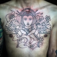 Tatuaje en el pecho, 
geisha bonita con abanicos, dibujo no pintado